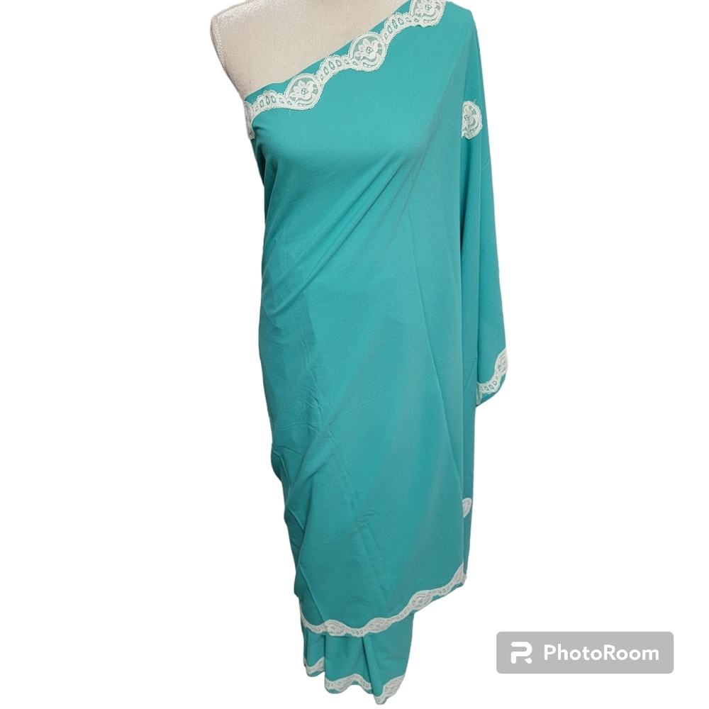 Blue green polyester saree/sari with white lace border